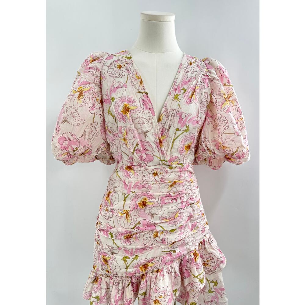 Sau Lee Posey Ivory Pink Floral Linen Mini Dress Puff Sleeve Short Ruffle 6
